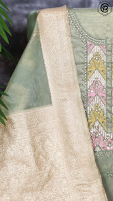 Sage Green and Gold Tissue Silk Pearl Embroidery Pattern Designer Salwar